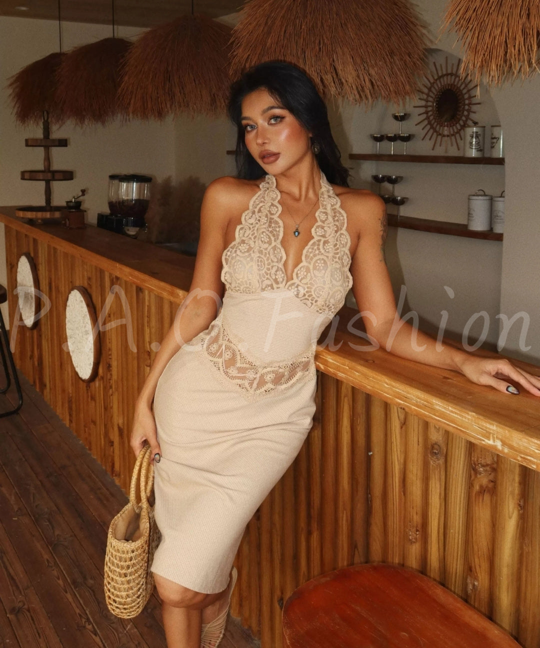 Lace Halter Bodycon Midi Dress