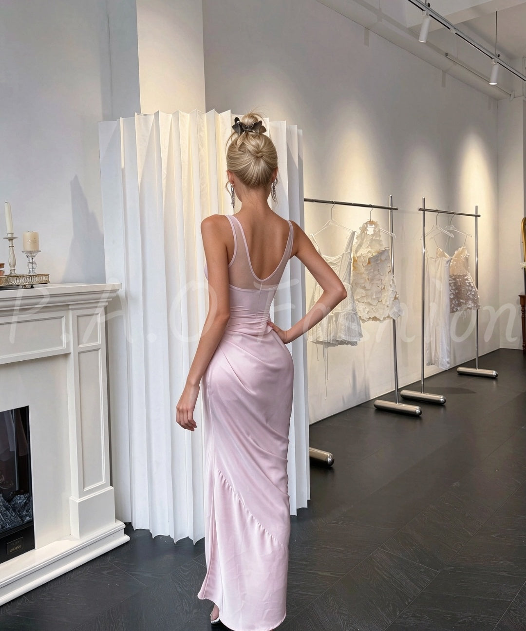 Soft Pink Satin Mesh Cutout Mermaid Gown