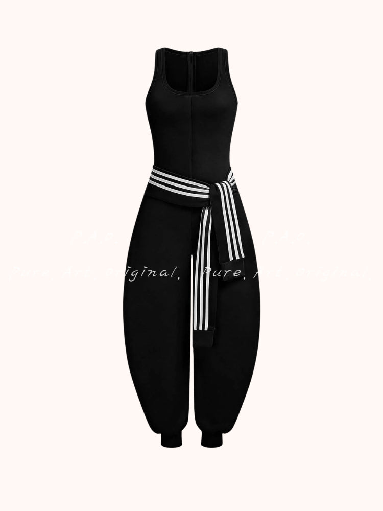 U‑Neck Contrast Striped Tie‑Up Zipper Barrel Jumpsuit