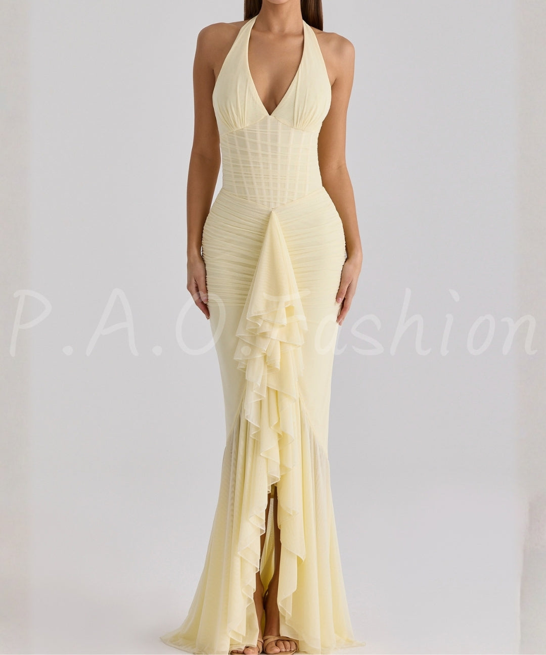 Halter Mesh Ruched Slit Maxi Dress[Available Now]