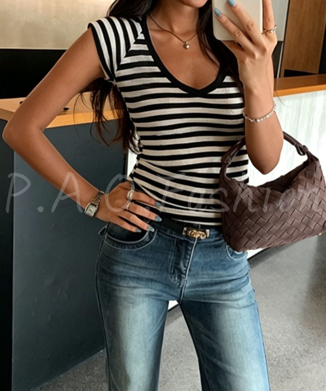 Striped V-Neck Knit Top