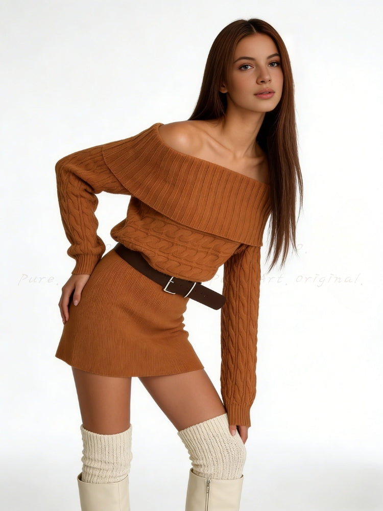 High-Neck Knit Mini Dress with Belt