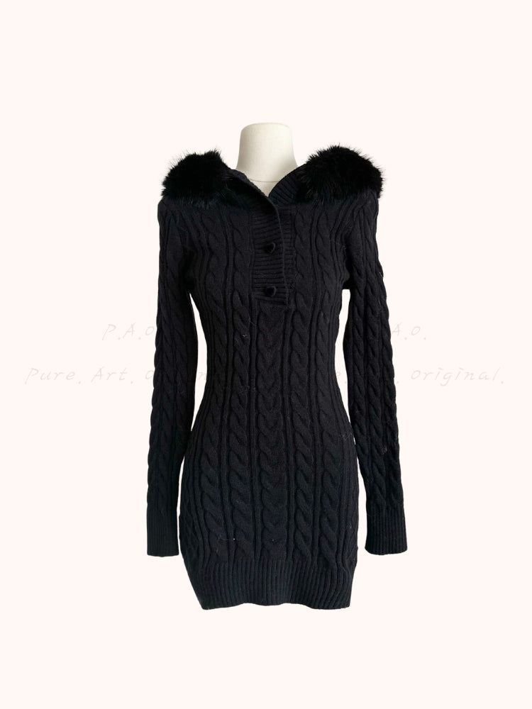 Eco Faux Fox Fur Hooded Knit Mini Dress