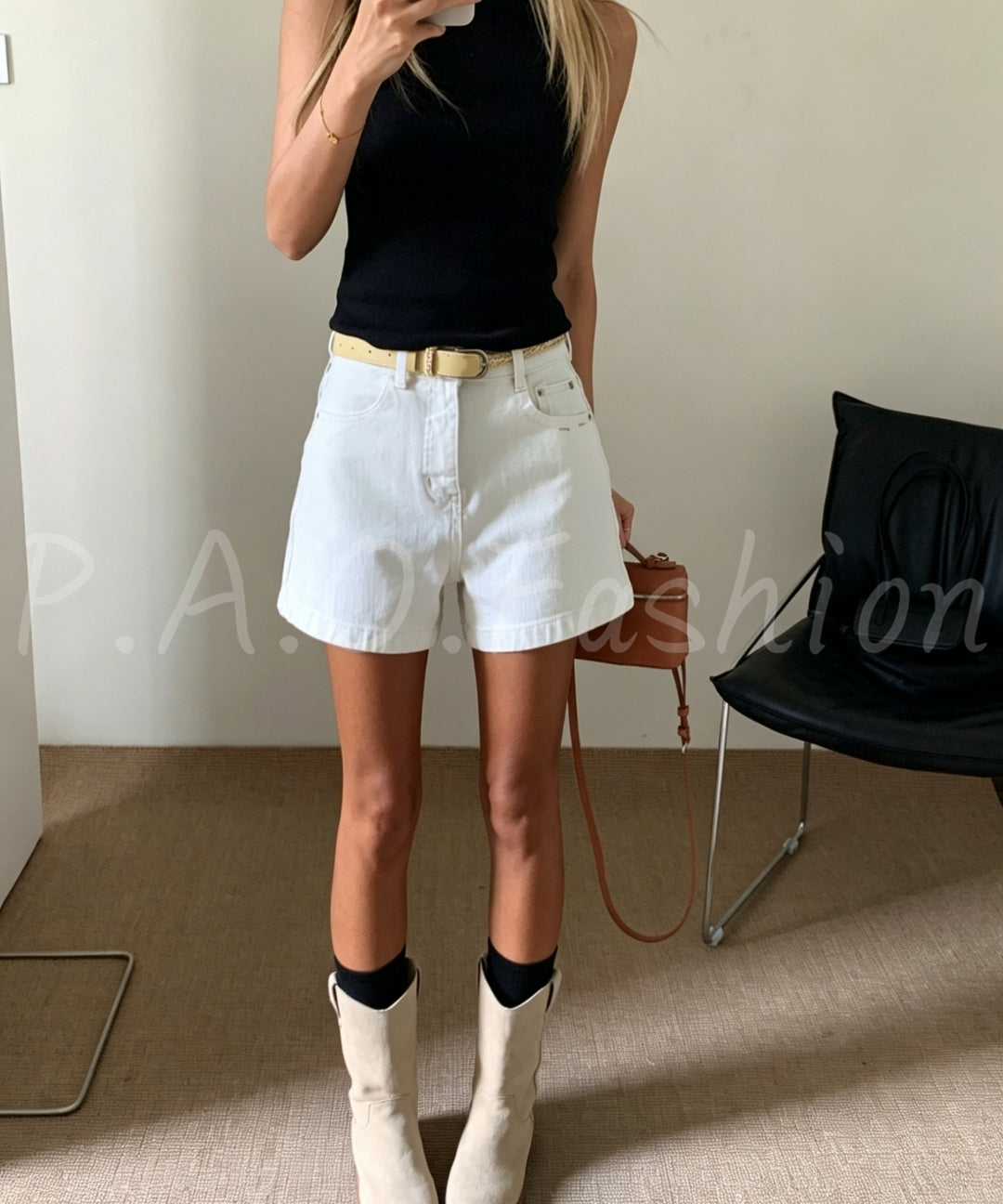 High-Waisted Straight-Leg Denim Shorts With Woven Belt[Available Now]
