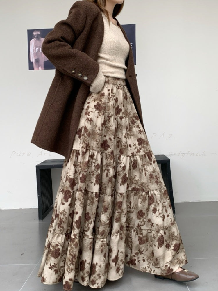 Floral Print Layered A-Line Maxi Skirt