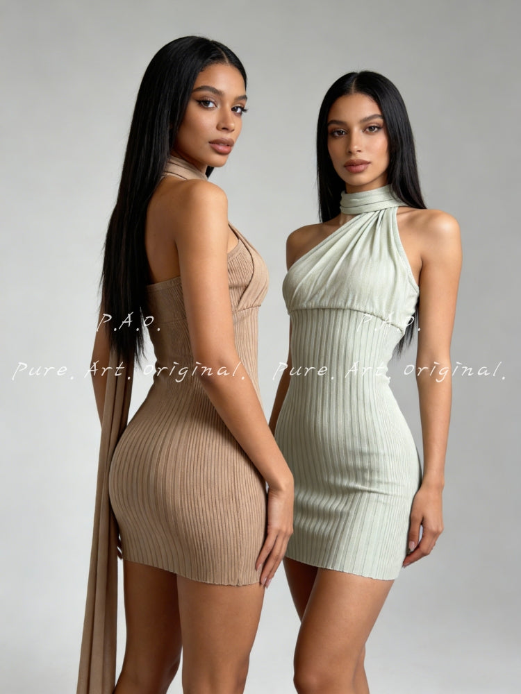 Asymmetrical Halter Tie Ribbed Bodycon Mini Dress