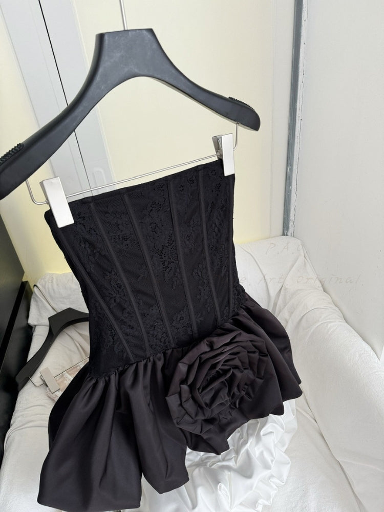 Lace Corset Strapless Satin Puff Gown