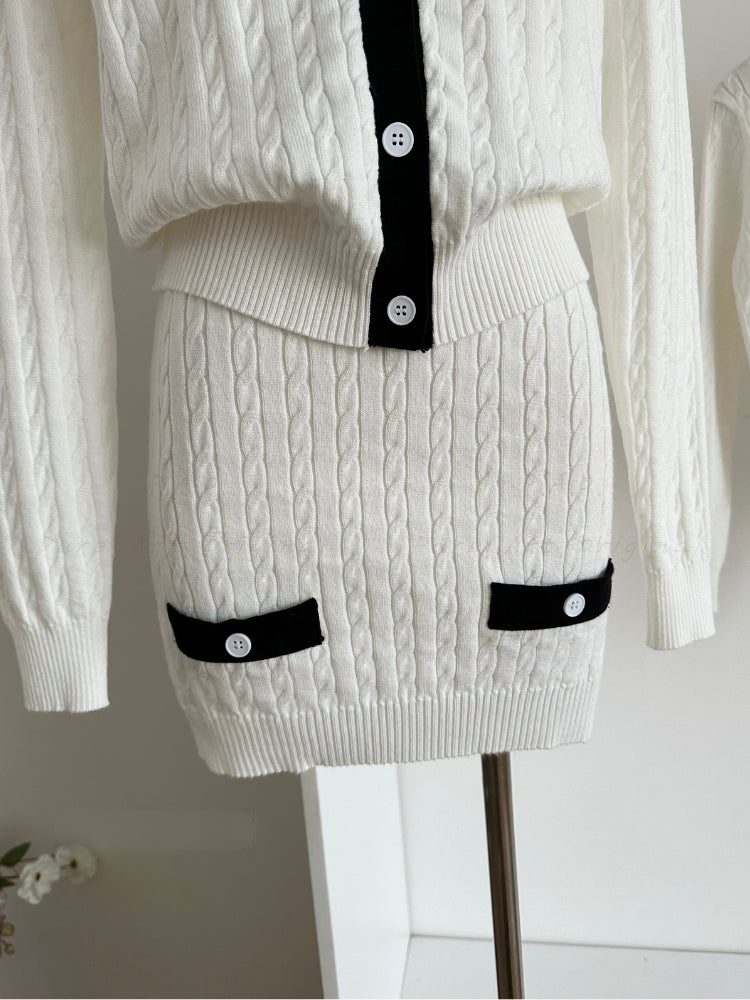 Contrast Bow Knit Cardigan & Mini Skirt Two-Piece Set
