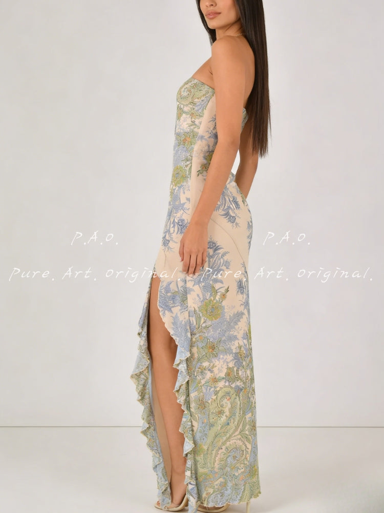 Vintage Floral Strapless Slit Maxi Dress