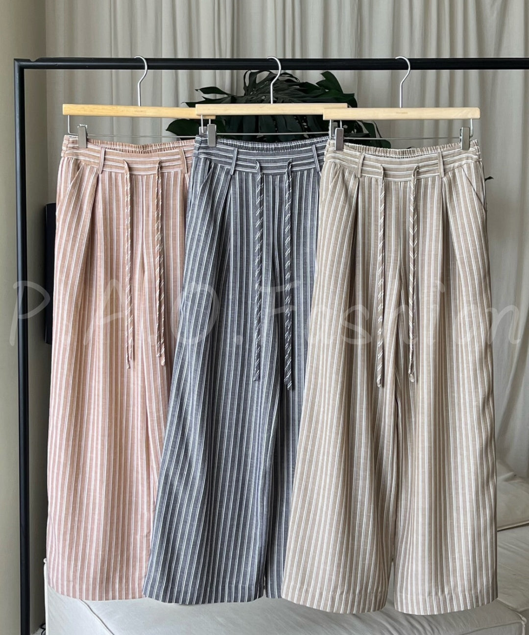 Asymmetrical Waist-Detail Sleeveless Top & Striped Wide-Leg Two-Piece Set