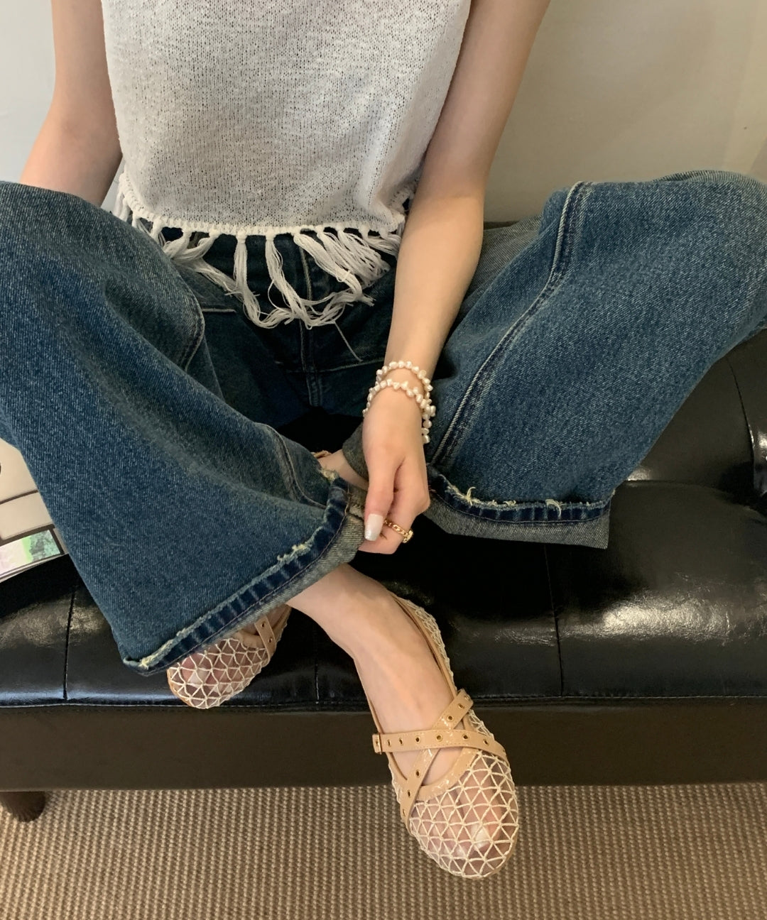 Fishnet Mesh Mary Jane Flats with Double Strap