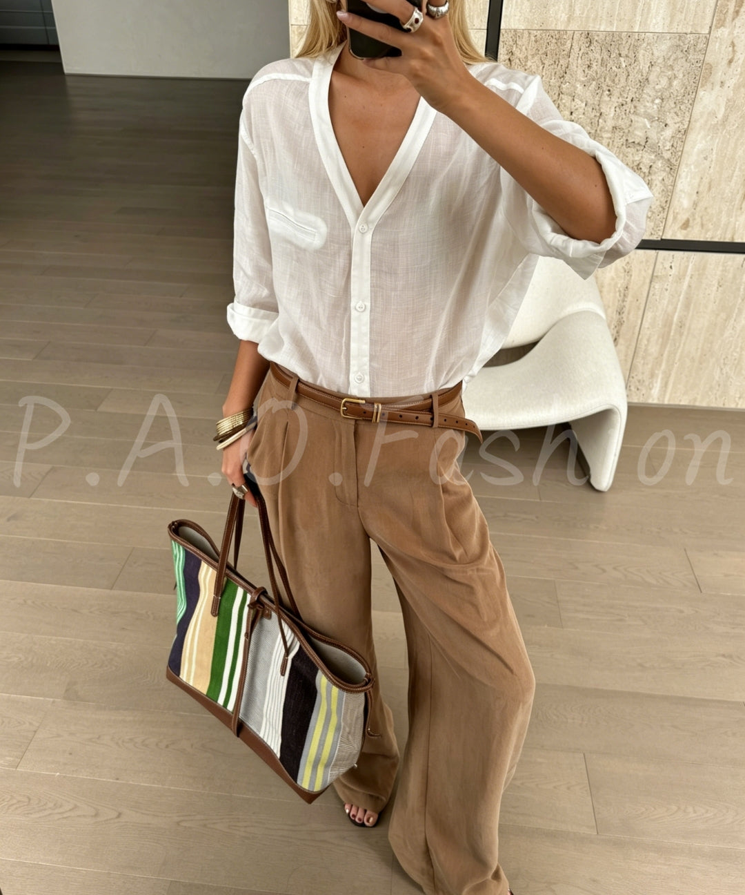 100% Ramie Relaxed V-Neck Shirt