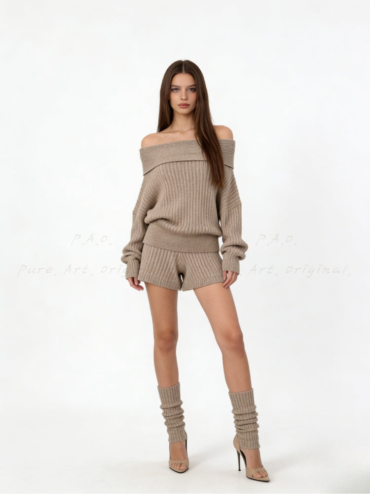 Off-Shoulder Knit Sweater & Relaxed Shorts Two-Piece Set