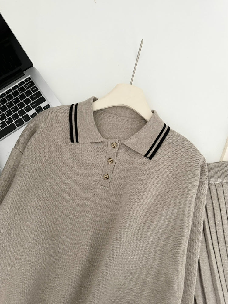 Relaxed Polo-Collar Sweatshirt & High-Waist Pleated Mini Skirt Set