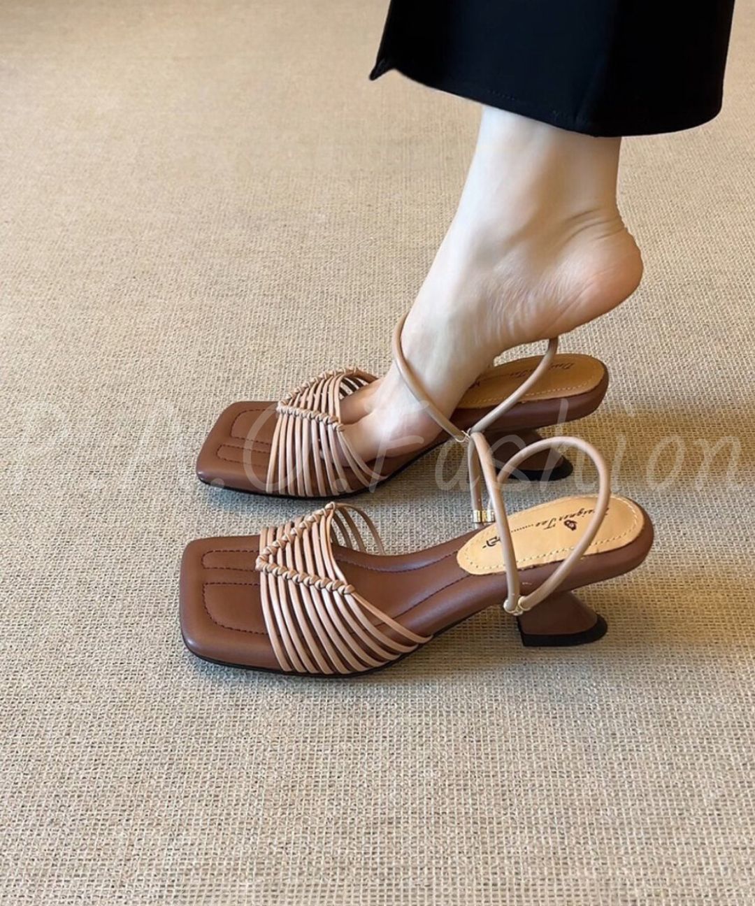 French Square Toe Woven Strappy Sculptural Heel Sandals