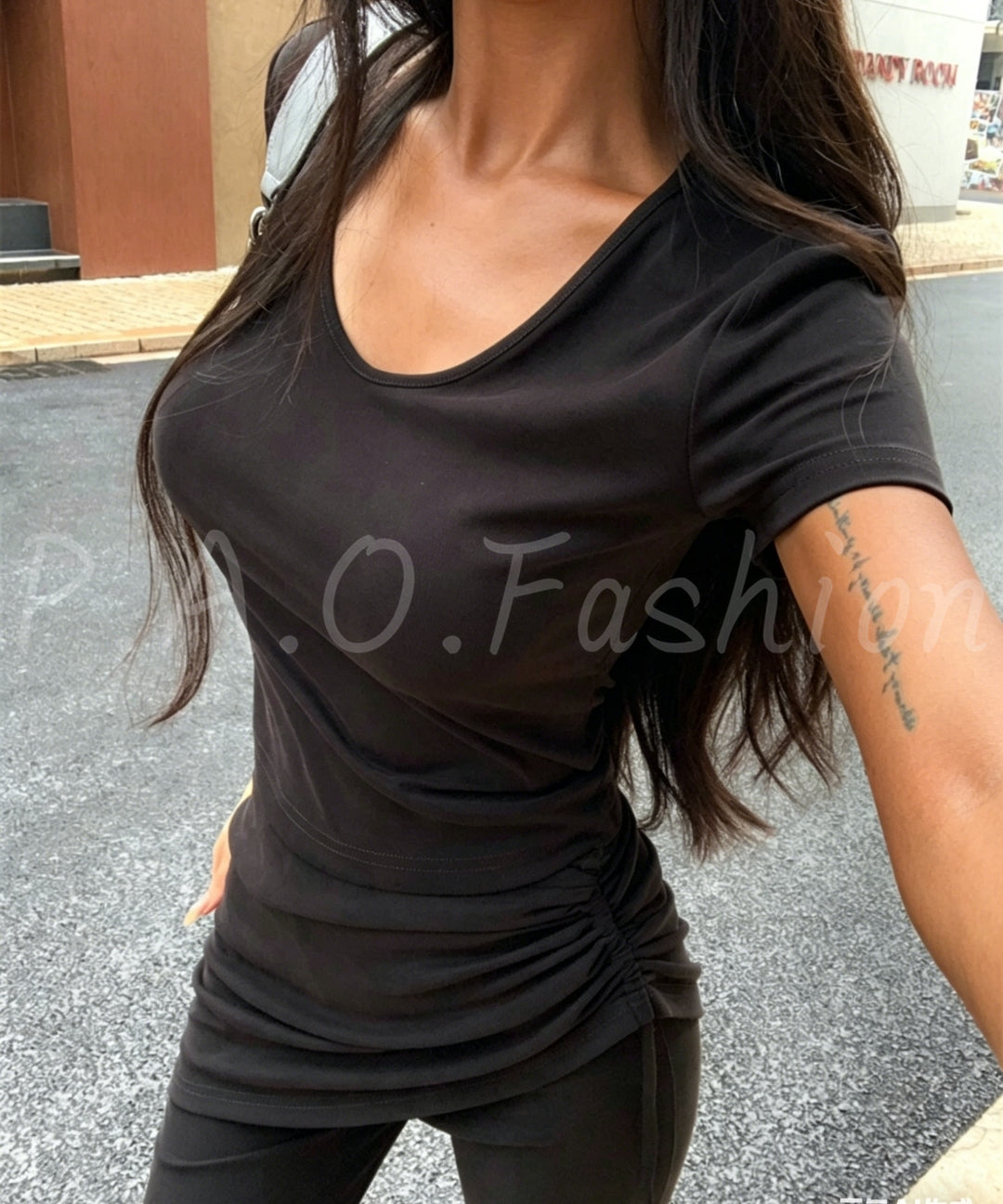 Ruched Waist Tee & Flare Pants Set[Available Now]