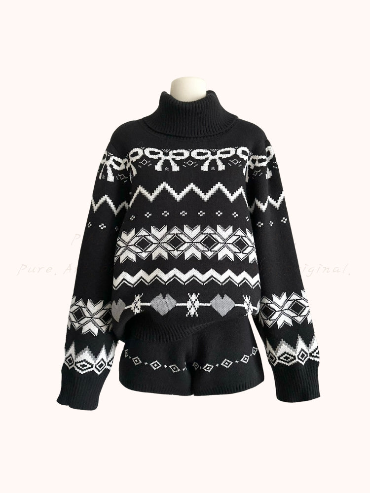 Vintage Fair Isle Turtleneck Knit Sweater & Shorts Set