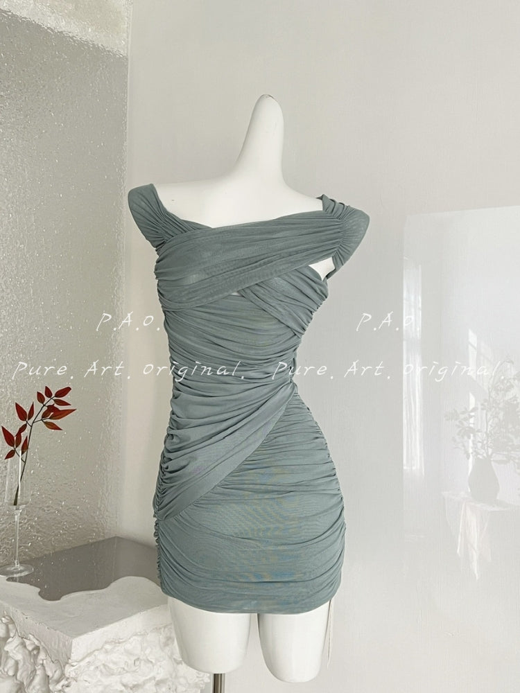 One-Shoulder Ruched Mesh Bodycon Mini Dress