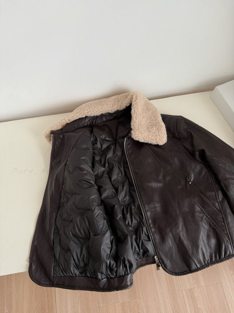 Notched Collar Leather-Style Jacket