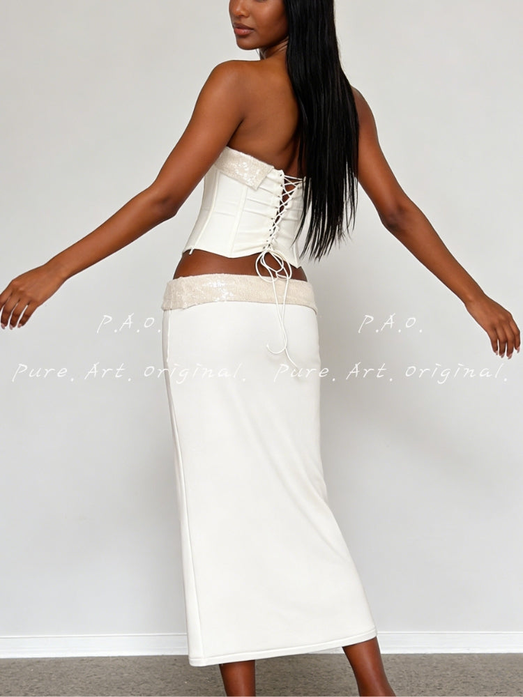 SEQUIN STRAPLESS TOP & HIP SKIRT SET