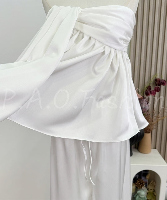 Twist Bandeau Satin Top & Wide-Leg Pants Set