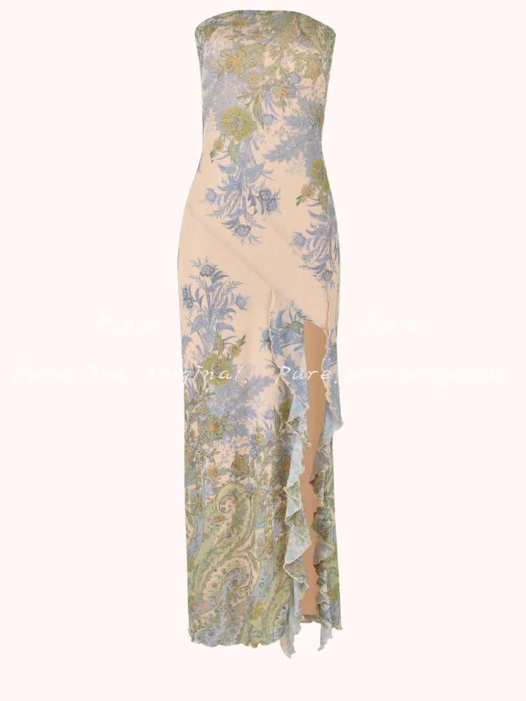 Vintage Floral Strapless Slit Maxi Dress