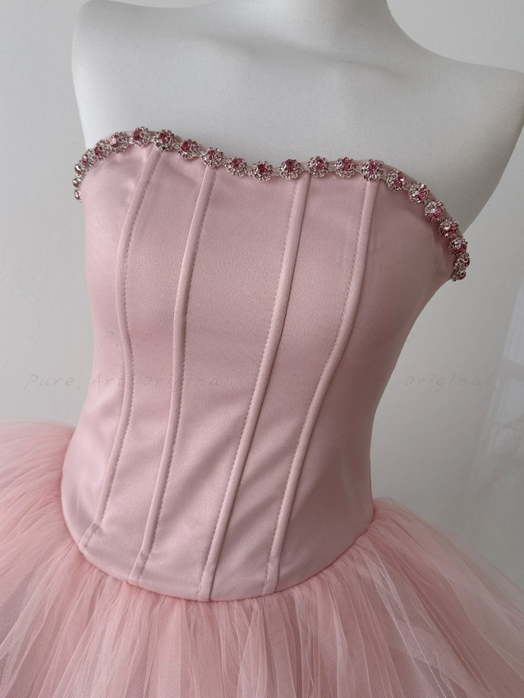 Rhinestone Corset Strapless Puff Mini Dress