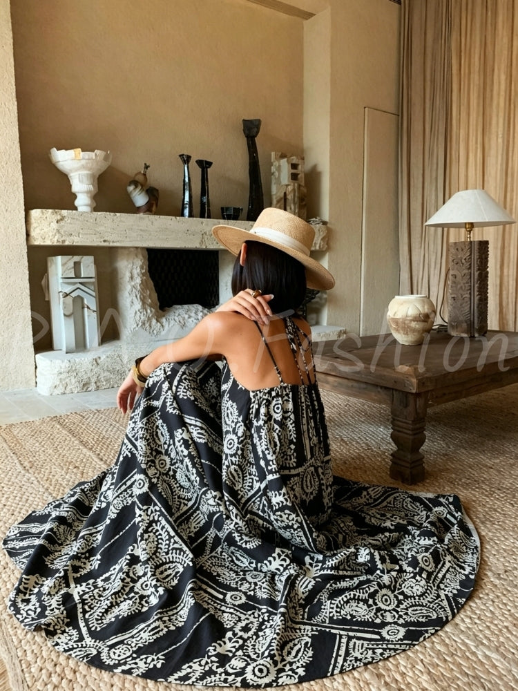 Bohemian Printed Tencel-Linen Slip Maxi Dress