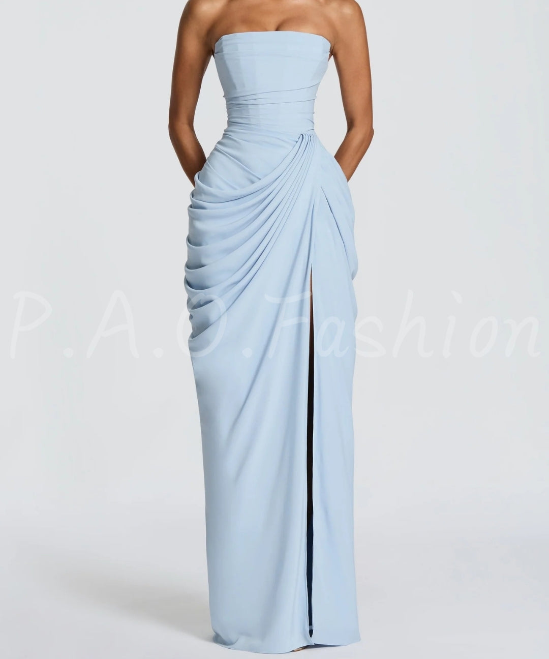 Strapless Ruched Slit Maxi Dress[Available Now]
