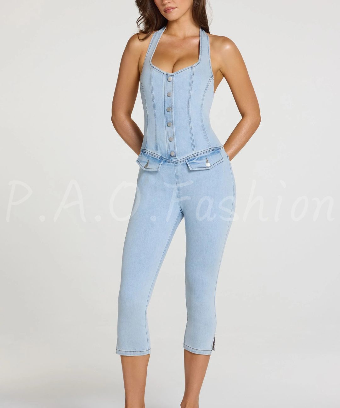 Halter Denim Capri Jumpsuit
