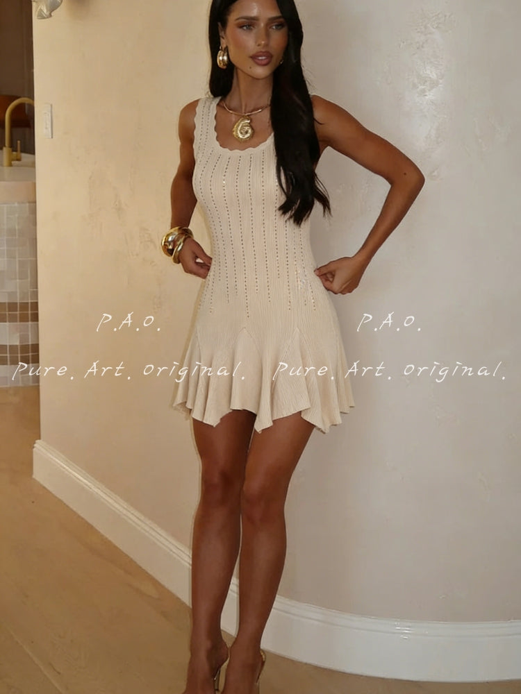 Sleeveless Ribbed Rhinestone Ruffle Knit Dress