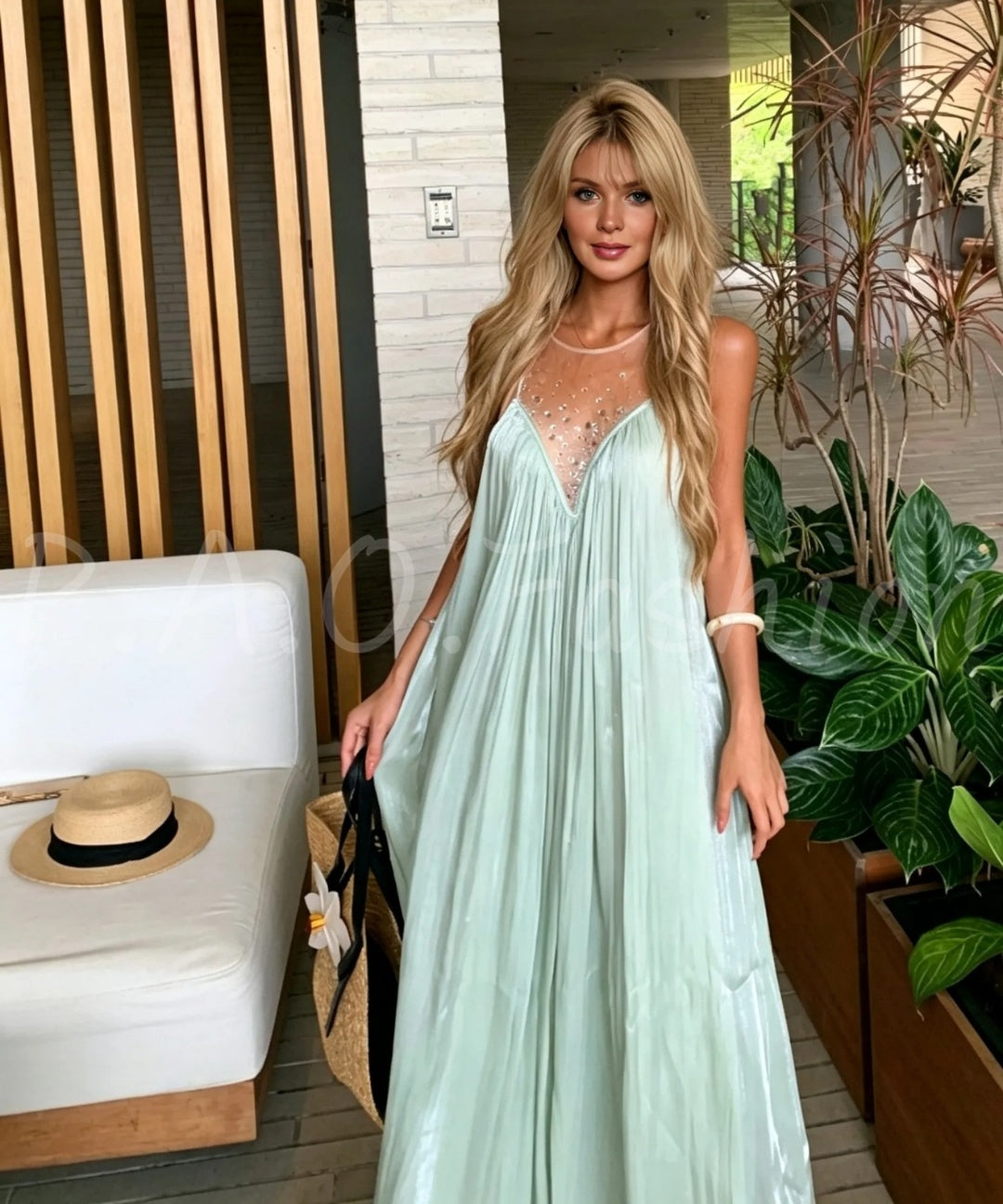 Beaded Mesh Pleated Maxi Dress
