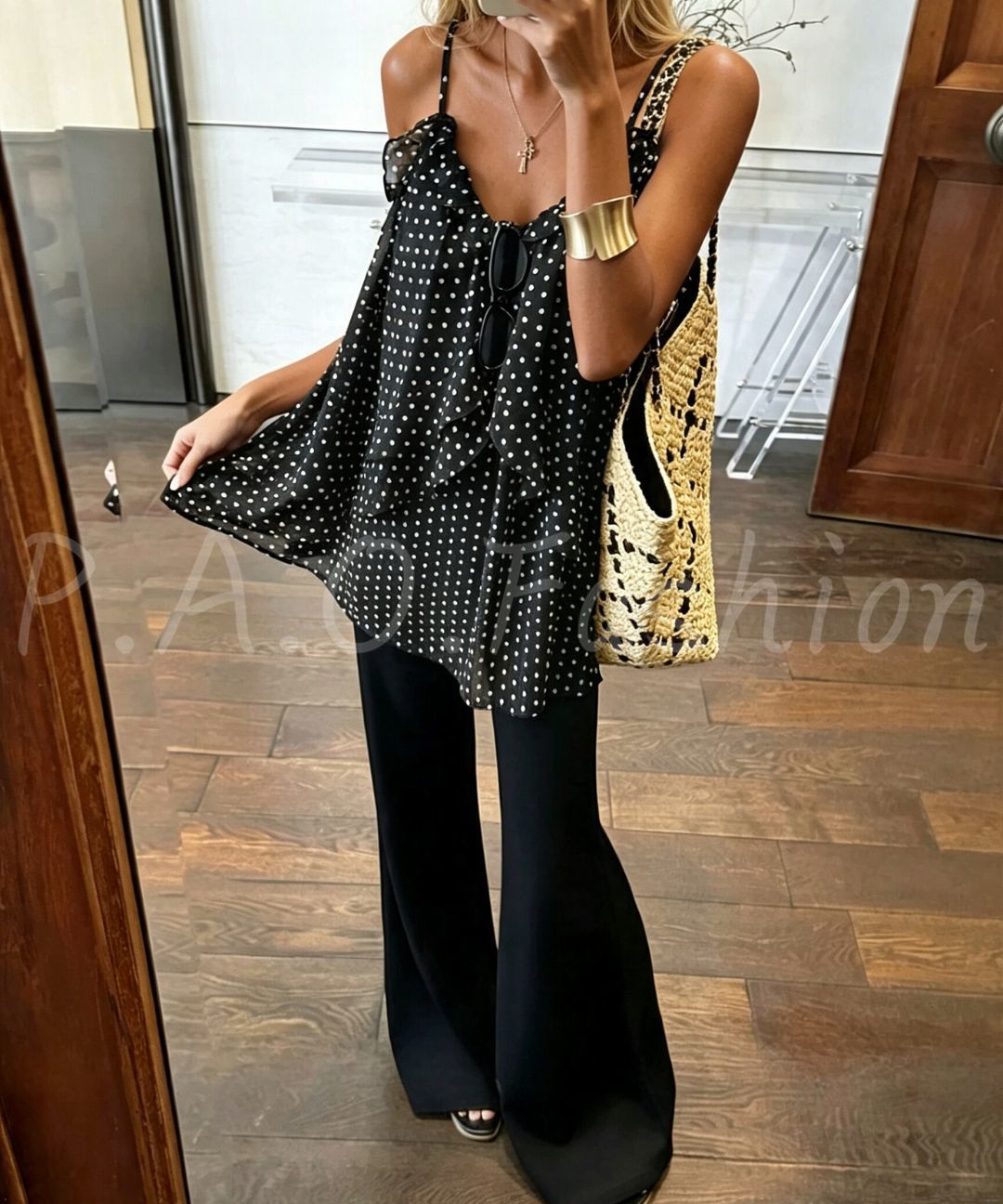 French Polka Dot Ruffle Cami & Wide-Leg Pants Set