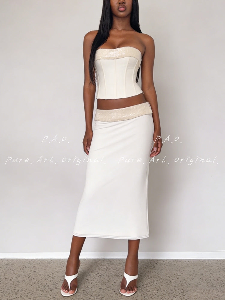 SEQUIN STRAPLESS TOP & HIP SKIRT SET