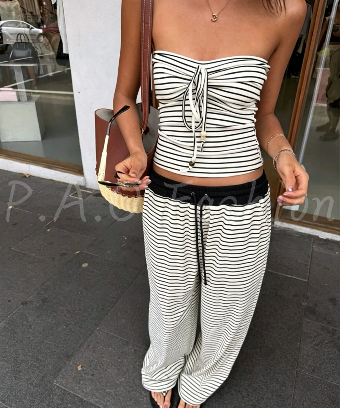 Striped Bandeau Top & Wide-Leg Pants Set[Available Now]