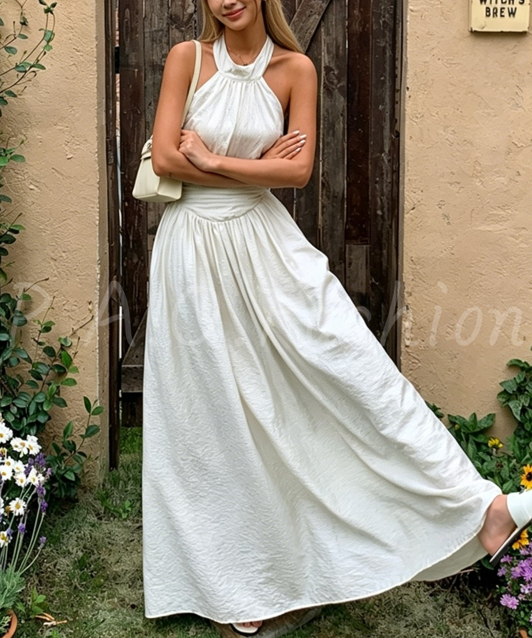 Striped Halter Backless Smocked Waist Maxi Dress