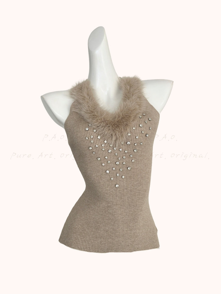 Faux Fox Fur & Hand-Embellished Rhinestone Knit Vest