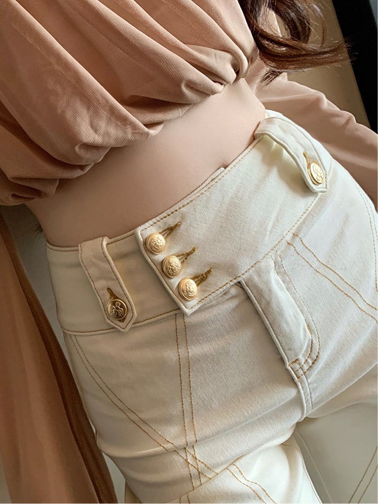Gold-Button Contrast Stitch Stretch Flared Jeans