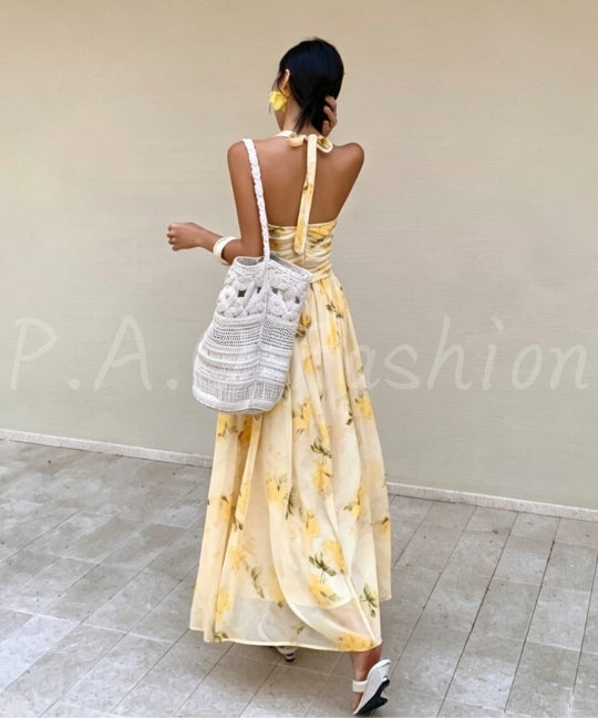 Floral Halter V-Neck Maxi Dress