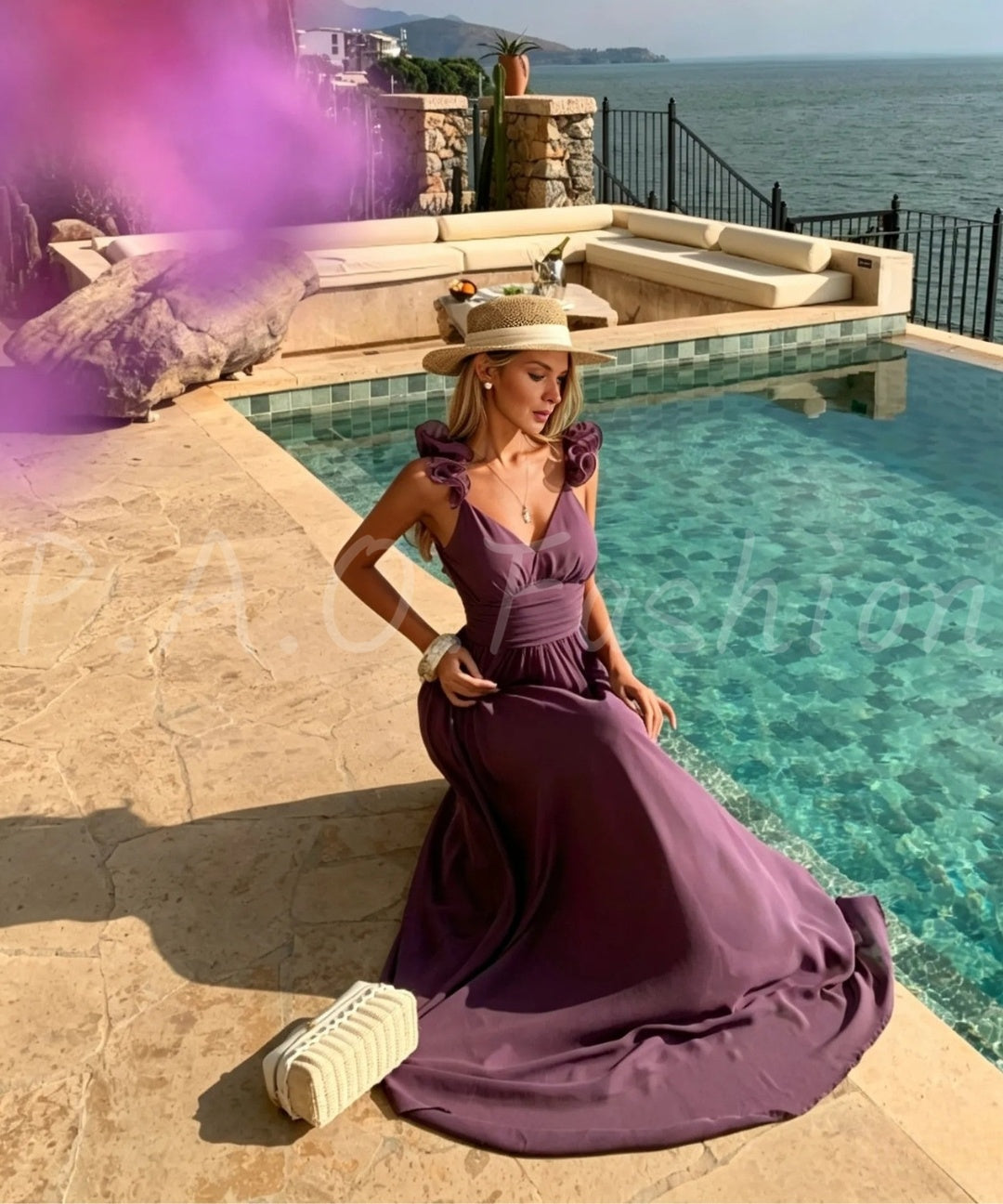 Ruffle Shoulder Open-Back Chiffon Maxi Dress