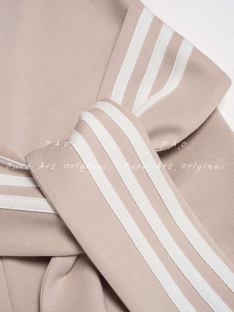 U‑Neck Contrast Striped Tie‑Up Zipper Barrel Jumpsuit
