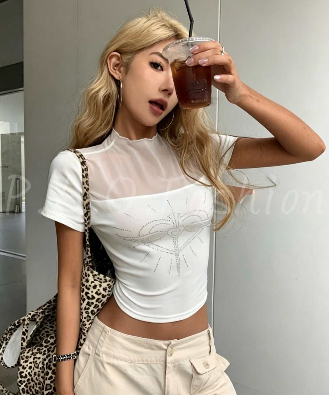 Rhinestone Graphic Mesh Crop Tee