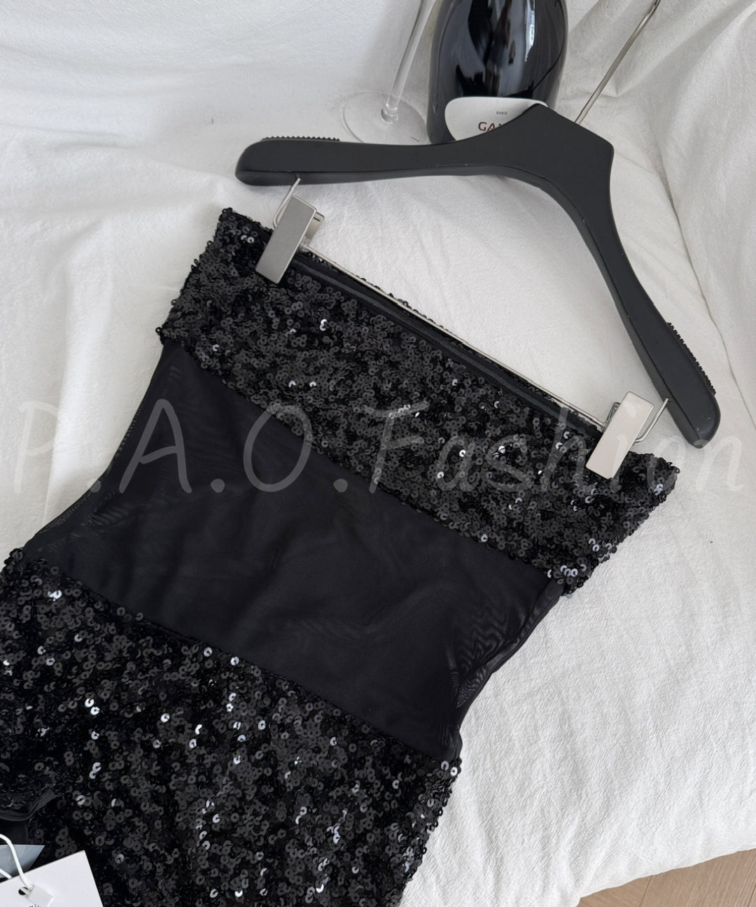 Black Sequin Mesh Panel Strapless Mini Dress[Available Now]