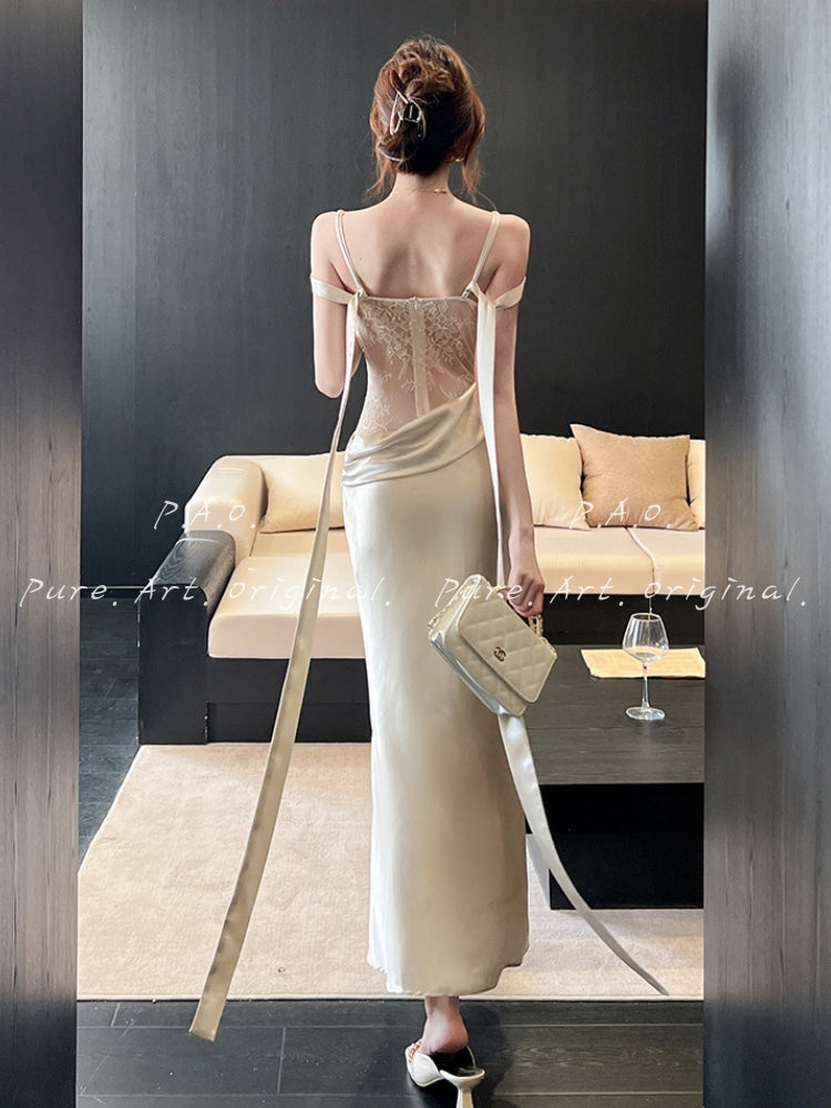 CELINE SATIN LACE MERMAID MAXI DRESS