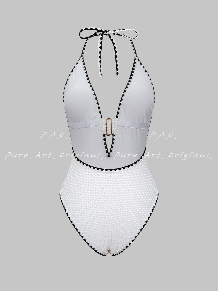 Metallic Decor Halter Neck Tie‑Back One‑Piece Swimsuit