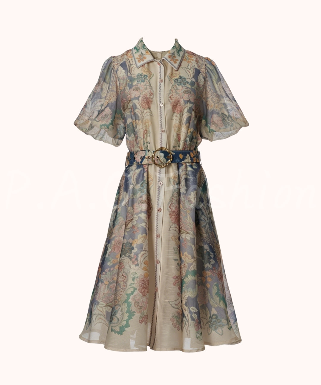 Garden Print Puff Sleeve Waist Dress[Available Now]