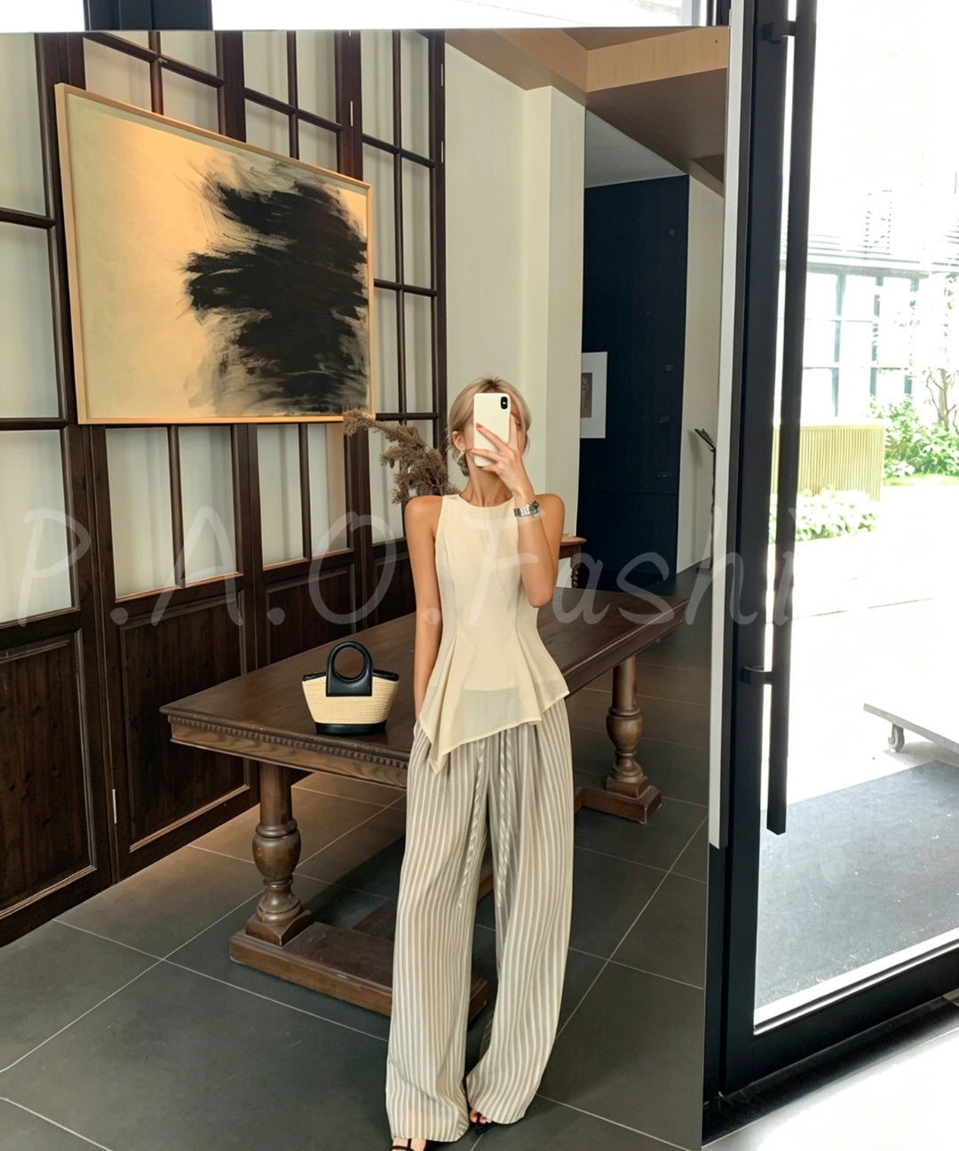 Asymmetrical Waist-Detail Sleeveless Top & Striped Wide-Leg Two-Piece Set