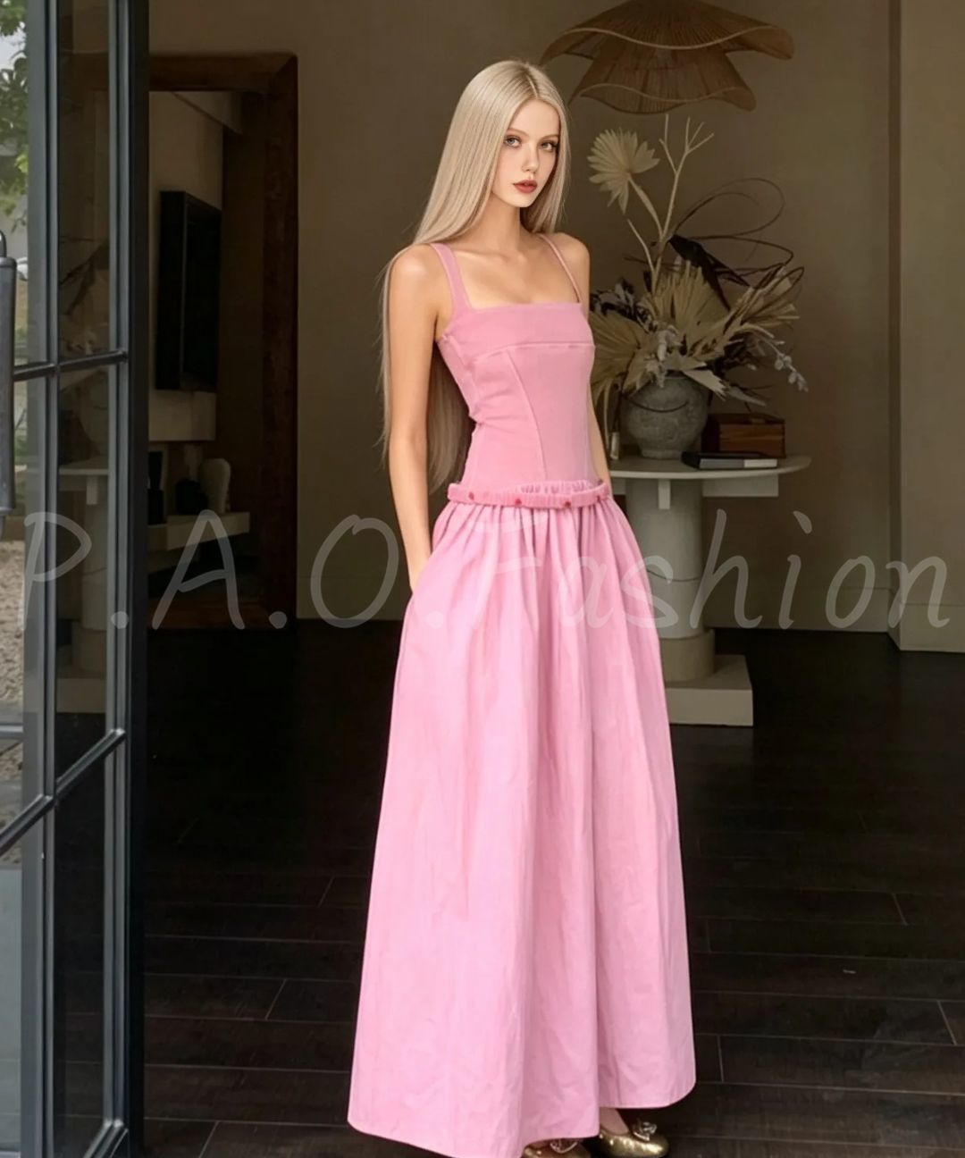 Vintage Washed Square Neck Maxi Dress with Belt