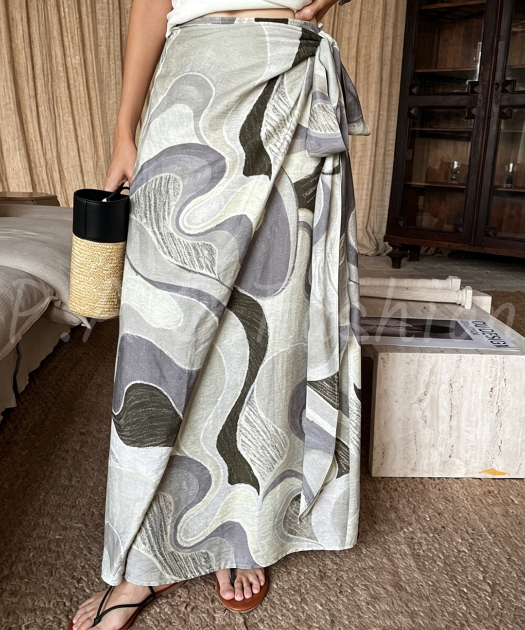 Abstract Print Linen-Blend Wrap Skirt[Available Now]