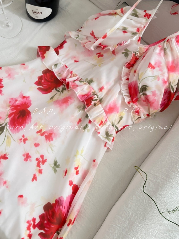 Floral Halter Chiffon Maxi Dress